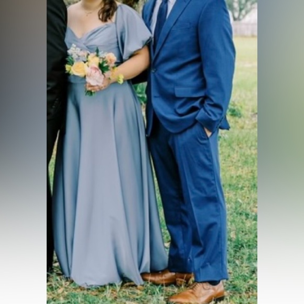 Dusty Blue Bridesmaid dress with puffy sleeves and gorgeous satin fabric.